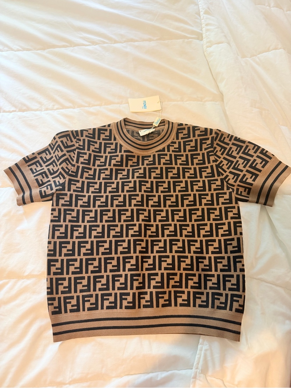 Fendi Brown & Black FF Logo Short Sleeve Sweater